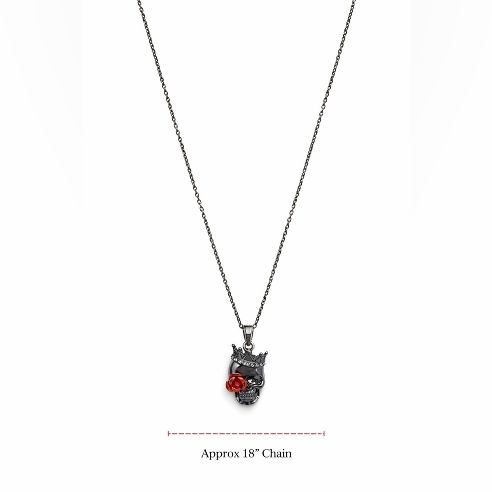 Black Skull Necklace with Red Rose Accent – Gothic Punk Statement Pendant - Picture 2 of 6